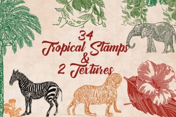 Download 34 Tropical Stamps &amp; 2 Rustic Textures - Texture Collection