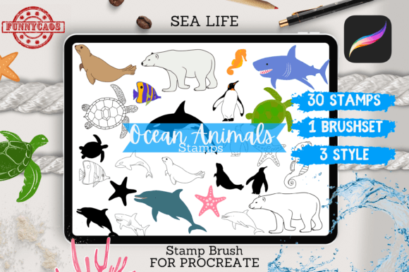 Download Ocean Animals Stamps Brushes Procreate - Procreate Collection