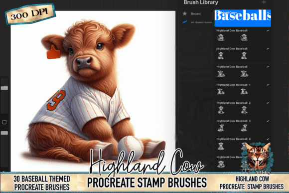Download Baseball Highland Cow Procreate Stamps - Procreate Collection